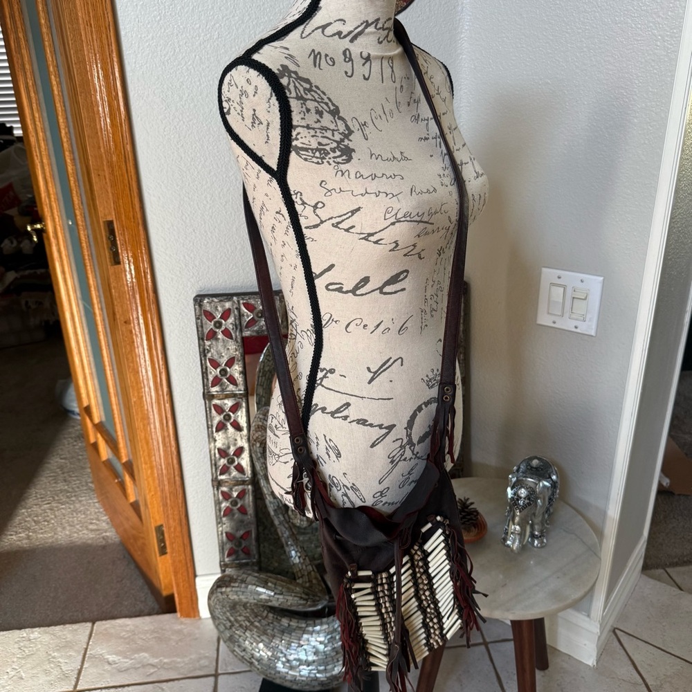 Spell & The Gypsy Dreamweaver Brown Leather Bone Fringe Crossbody Handbag - Picture 2 of 14
